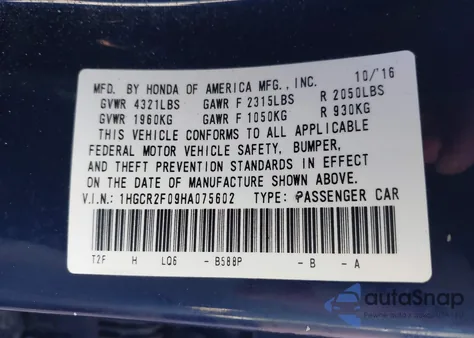 2017 Honda Accord Ex z USA, uszkodzony, nr VIN 1HGCR2F09HA075602